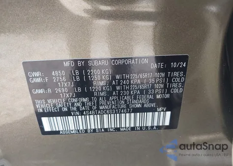 2025 Subaru Outback Premium from USA, damaged, VIN 4S4BTADC6S3174677